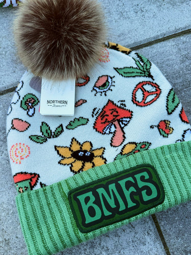 Retro Peace and Shrooms Green BMFS Beanie (Pre-Order Ships 1/2)
