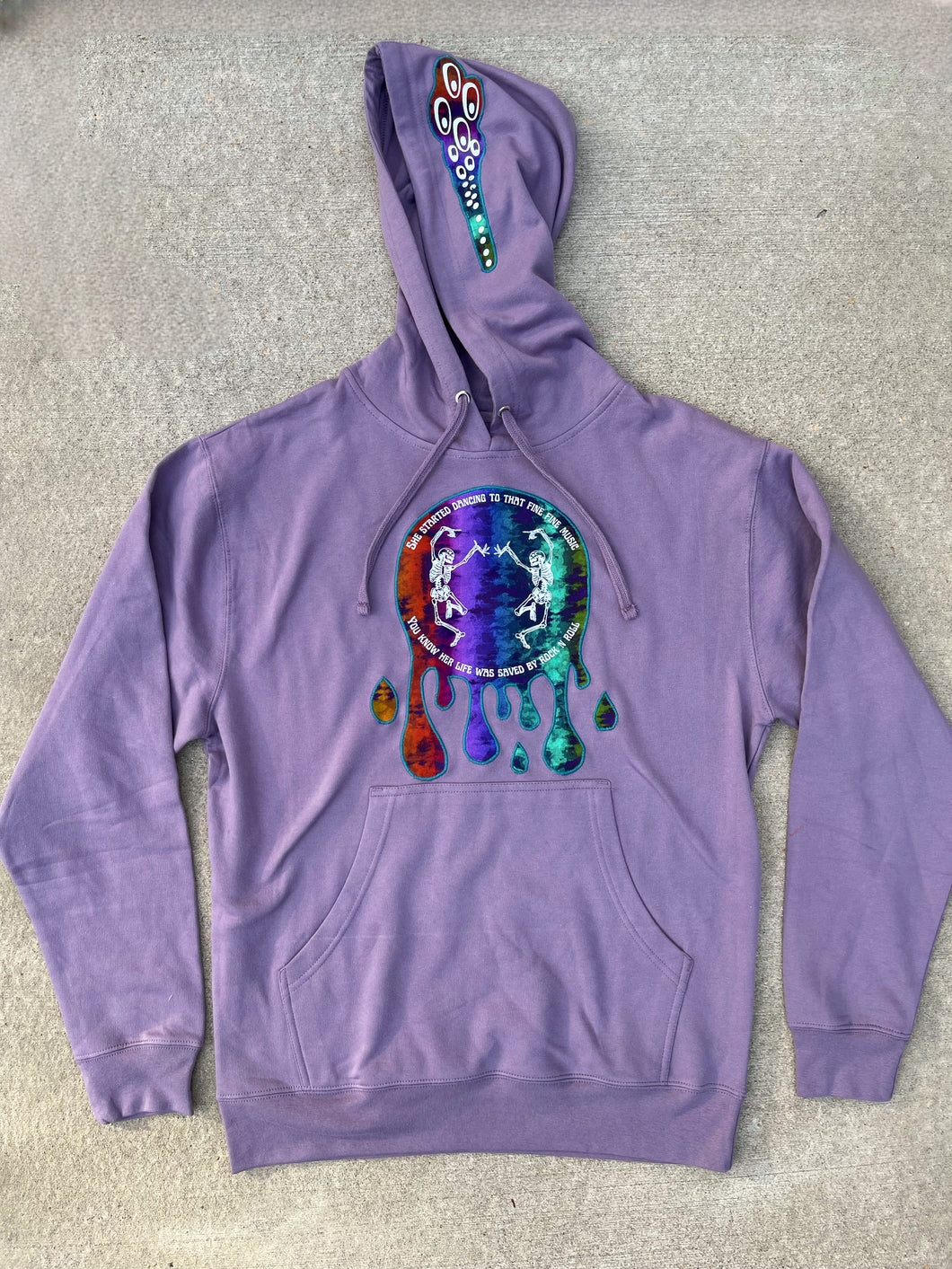 Rock N Roll Phish / Velvet Underground Drippy Tie Dye Purple Dancing Skeleton Hoodie