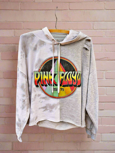Plus Size Slightly Cropped Distressed Tie Dye Colorblock Pink Floyd Hoodie - Size XL or XXL