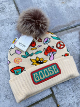 Load image into Gallery viewer, Retro Peace and Shrooms Cream Goose Beanie (PRE-ORDER Ships 1/3)