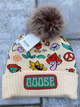 Load image into Gallery viewer, Retro Peace and Shrooms Cream Goose Beanie (PRE-ORDER Ships 1/3)