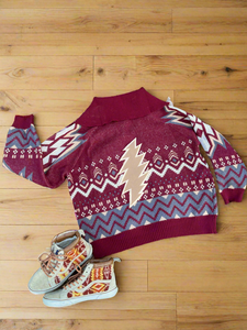 Plus Size Full Zip Grateful Aztec Scarlet Sweater Jacket - ONE Size XXL!