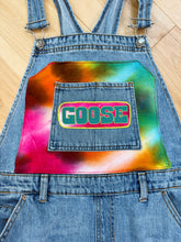 Load image into Gallery viewer, Goose Tie Dye Distressed Denim Goose Overalls - ONE Size Medium!