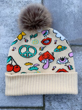 Load image into Gallery viewer, Retro Peace and Shrooms Cream Goose Beanie (PRE-ORDER Ships 1/3)