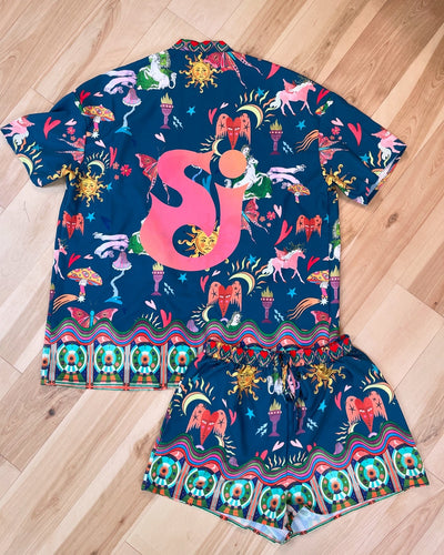 String Cheese Incident Vibrant Dark Blue Psychedelic Drawings Kimono and Shorts Set - One size M/L (8/10) Left!