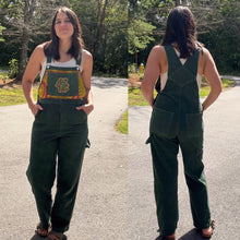 Load image into Gallery viewer, Olive Corduroy and Kantha Grateful Dancing Bear Overalls - One Size Small!