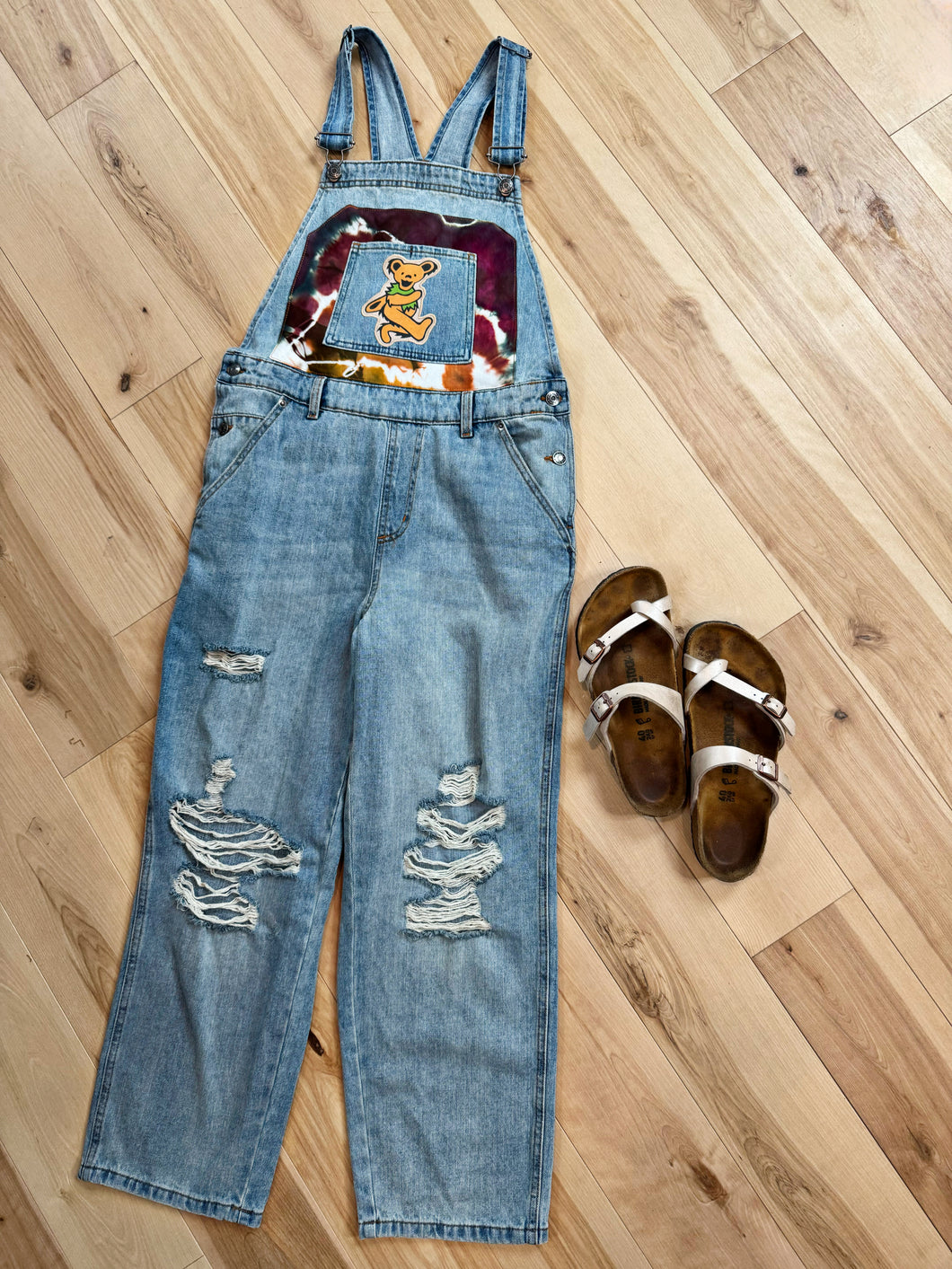 Tie Dye Geode Dancing Bear Denim Overalls - Size Medium