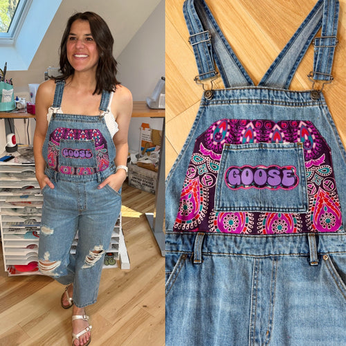 Goose Purple Tapestry Distressed Denim Overalls - Ladies Medium