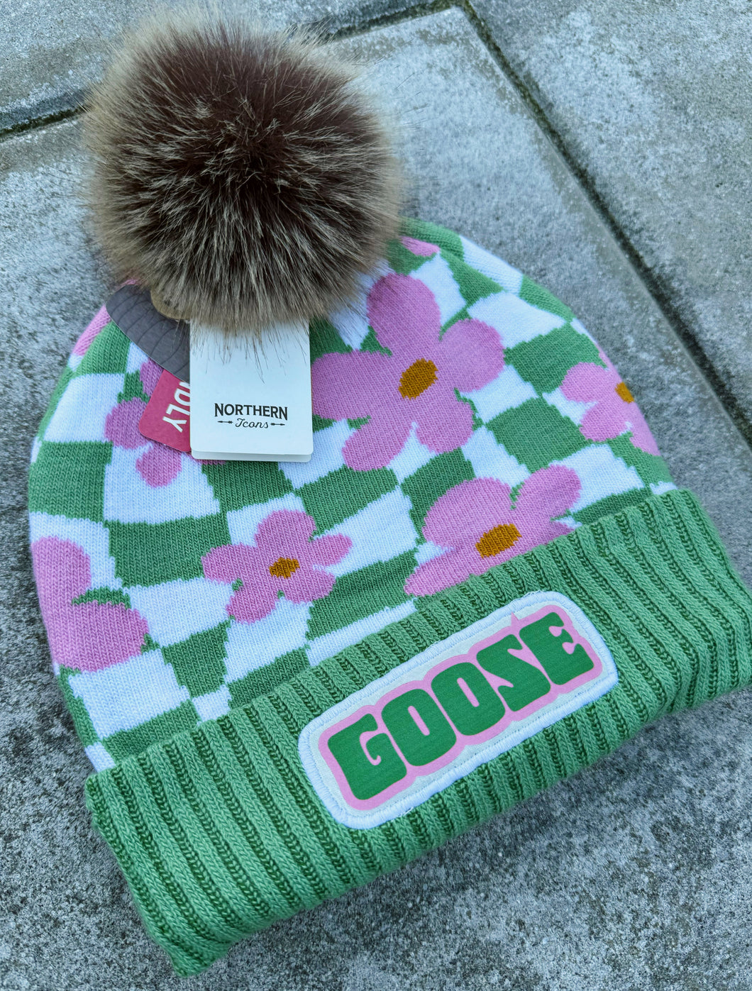 Retro Checkered Green and Pink Floral Goose Beanie (Last ONE)