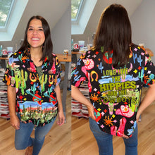 Load image into Gallery viewer, Long Live the Hippies and the Cowboys Funky Western Doodles Black Button Down Party Shirt (Billy Strings Inspired)- Ladies Size M/L left)