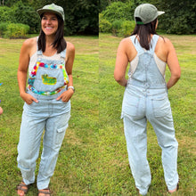 Load image into Gallery viewer, King Gizz Graffiti and Tie Dye Denim Cargo Overalls- Size Small (Size 6ish)