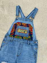 Load image into Gallery viewer, BMFS Tapestry Distressed Denim Overalls - One Size Small left!