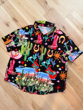 Load image into Gallery viewer, Long Live the Hippies and the Cowboys Funky Western Doodles Black Button Down Party Shirt (Billy Strings Inspired)- Ladies Size M/L left)