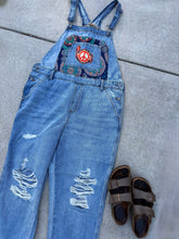 Load image into Gallery viewer, Give Phish a Chance Tapestry Distressed Denim Overalls- Size Medium or XL
