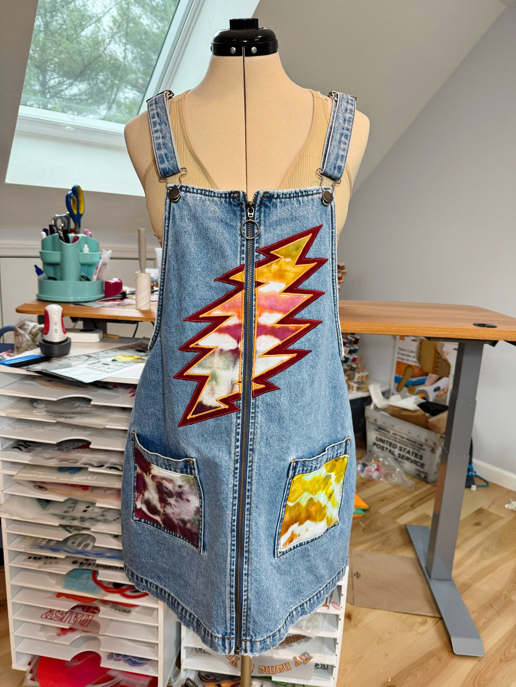 Dancin’ in the Streets Grateful Tie Dye and Denim Zip Dress - Size Large