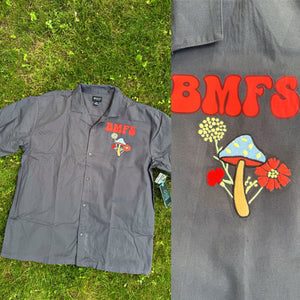 BMFS Groovy Red Daisy and Mushroom Embroidered Twill Shirt - Men’s Large or XL