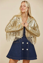 Load image into Gallery viewer, Party Time Gold Sequin and Fringe Phish Moto Jacket - Size S, M or L