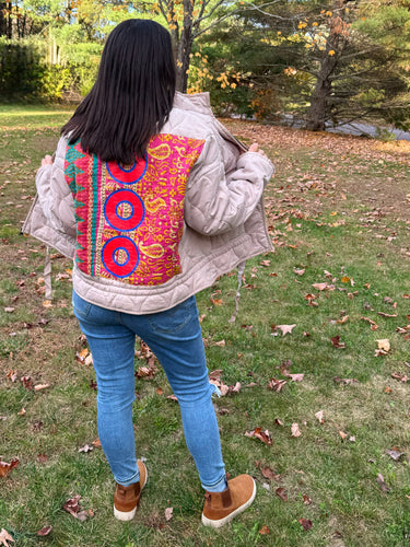 Quilted Oatmeal Phish Kantha Quilt Jacket - ONE left, fits a Med/Lrg OR Large!