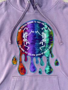 Rock N Roll Phish / Velvet Underground Drippy Tie Dye Purple Dancing Skeleton Hoodie