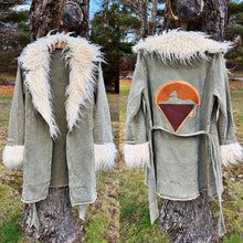 Load image into Gallery viewer, Cats Down Under the Stars Faux Suede and Olive Denim Grateful Penny Lane Jacket - One Size Medium left!