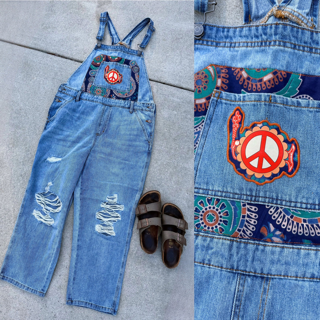 Give Phish a Chance Tapestry Distressed Denim Overalls- Size Medium or XL