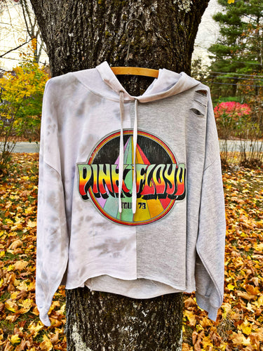 Plus Size Slightly Cropped Distressed Tie Dye Colorblock Pink Floyd Hoodie - Size XXL