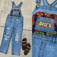 Load image into Gallery viewer, BMFS Tapestry Distressed Denim Overalls - One Size Small left!
