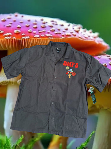 BMFS Groovy Red Daisy and Mushroom Embroidered Twill Shirt - Men’s Large or XL