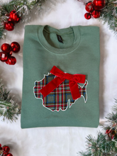 Load image into Gallery viewer, O Come All ‘Ye Phish Heads Sage Green and Plaid Crewneck With Velvet Bow - Size S&gt;2XL