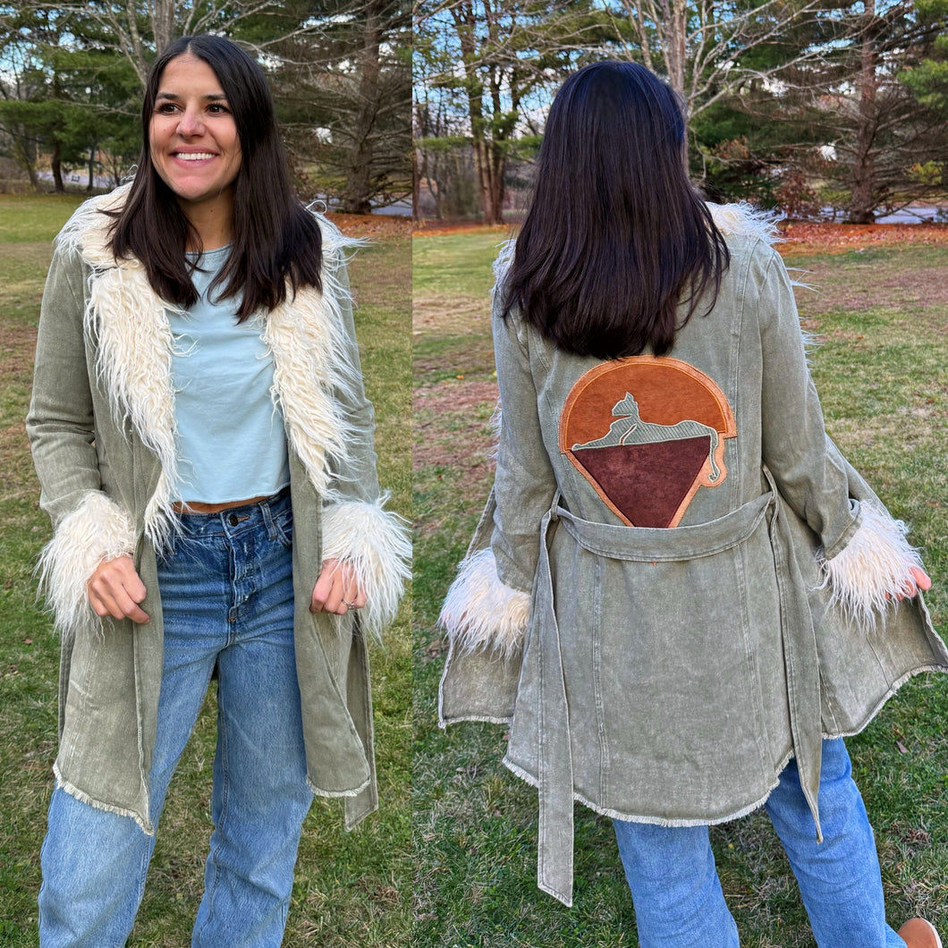 Cats Down Under the Stars Faux Suede and Olive Denim Grateful Penny Lane Jacket - One Size Medium left!