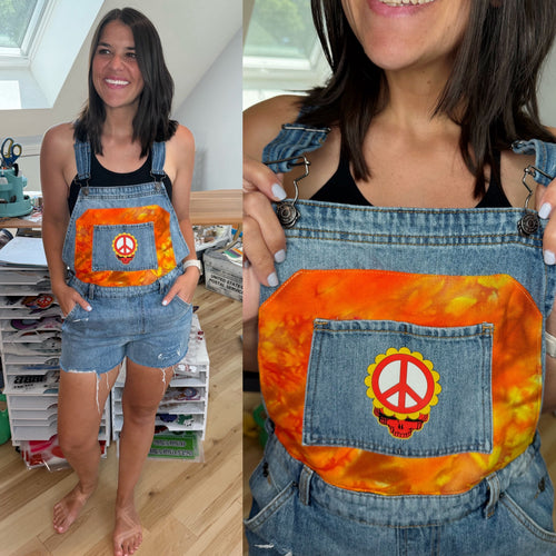 Sunshine Daydream Grateful Peace Tie Dye Distressed Denim Overalls - Size Medium