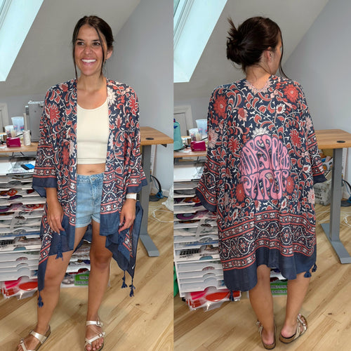 Blue Indian Floral Widespread Panic Tapestry Tassel Kimono - One Size fits All! (Last One!)
